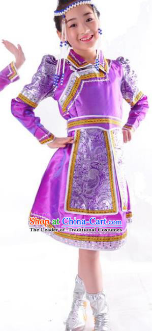 Chinese Mongol Nationality Folk Dance Costume Traditional Mongolian Minority Purple Mongolian Robe for Kids