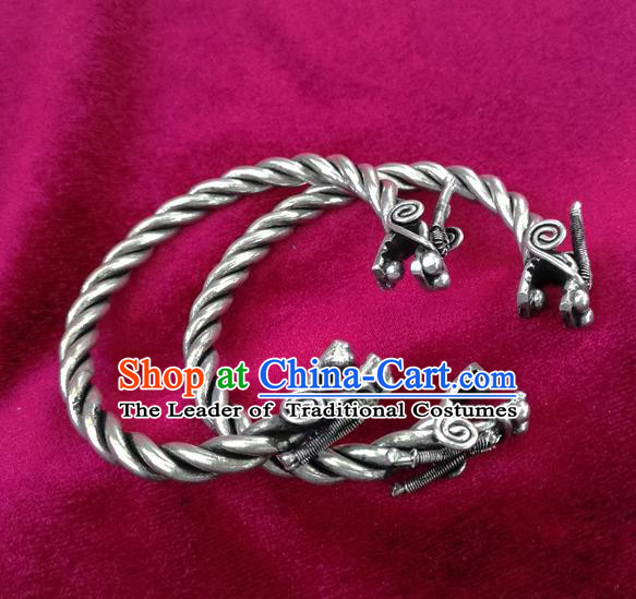 Chinese Miao Nationality Ornaments Sliver Accessories Traditional Hmong Dragon Head Bracelet for Women