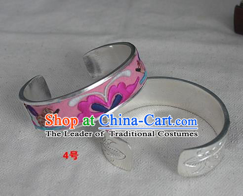 Chinese Miao Nationality Ornaments Sliver Bracelet Traditional Hmong Embroidered Pink Bangle for Women