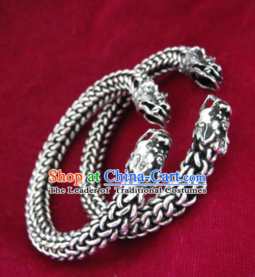 Chinese Miao Sliver Ornaments Dragon Head Bracelet Traditional Hmong Bangle Accessories for Women