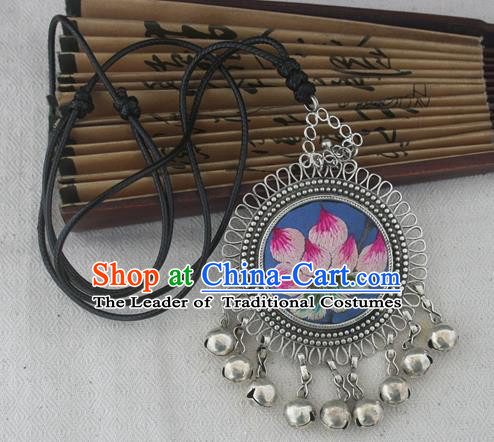 Chinese Miao Sliver Ornaments Embroidered Lotus Blue Necklace Hmong Handmade Necklet Pendant for Women