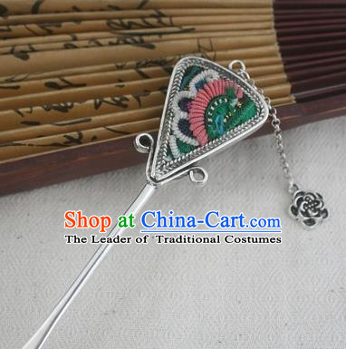 Traditional Chinese Miao Nationality Sliver Tassel Hair Clip Hanfu Embroidered Green Hairpins Hair Accessories for Women