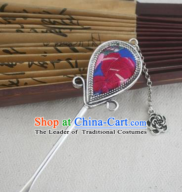 Traditional Chinese Miao Nationality Sliver Tassel Hair Clip Hanfu Embroidered Blue Hairpins Hair Accessories for Women