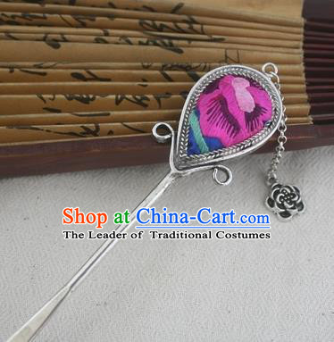 Traditional Chinese Miao Nationality Sliver Tassel Hair Clip Hanfu Embroidered Rosy Hairpins Hair Accessories for Women