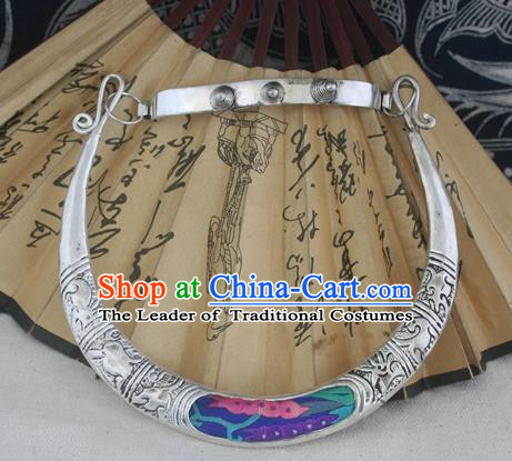 Chinese Miao Sliver Ornaments Carving Chinese Zodiac Necklace Traditional Hmong Blue Embroidered Necklet for Women