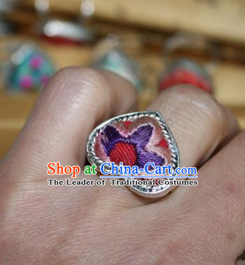 Chinese Miao Sliver Ornaments Rings Traditional Hmong Embroidered Pink Finger Ring for Women