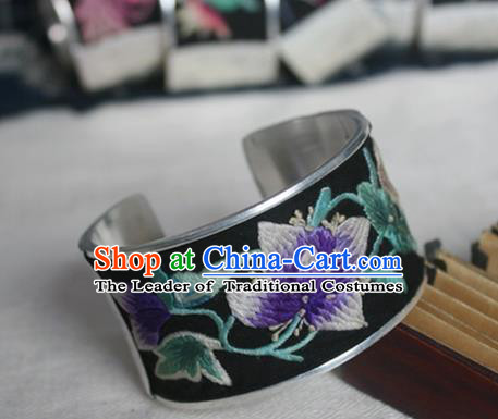 Chinese Miao Sliver Ornaments Black Bracelet Traditional Hmong Handmade Sliver Embroidered Bangle for Women