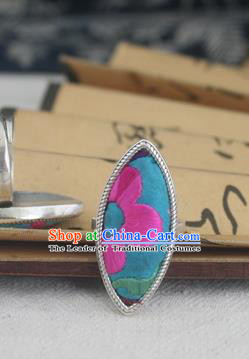 Chinese Traditional Miao Sliver Ornaments Willow Leaf Ring Traditional Hmong Embroidered Blue Rings for Women