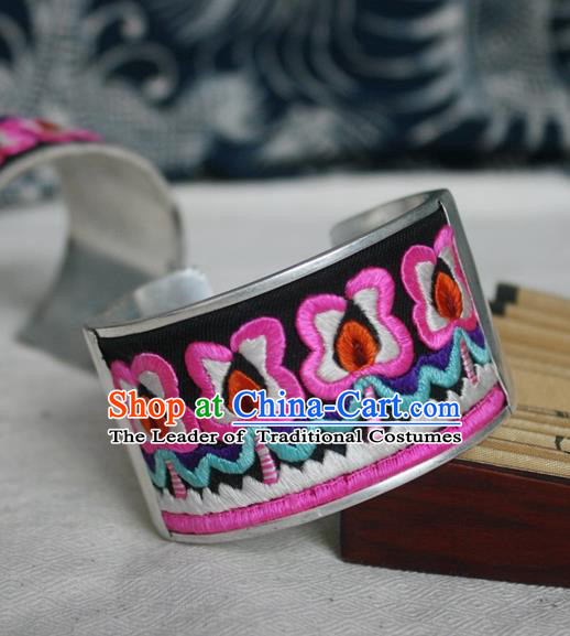 Chinese Miao Sliver Ornaments Embroidered Wide Bracelet Traditional Hmong Handmade Sliver Bangle for Women