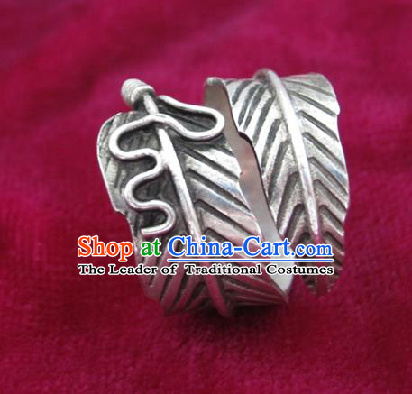 Chinese Miao Sliver Ornaments Leaf Ring Traditional Hmong Finger Rings for Women