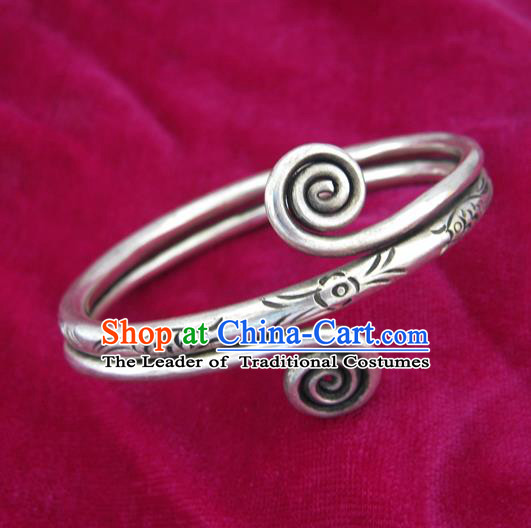 Handmade Chinese Miao Sliver Ornaments Carving Bracelet Traditional Hmong Exaggerated Sliver Bangle for Women