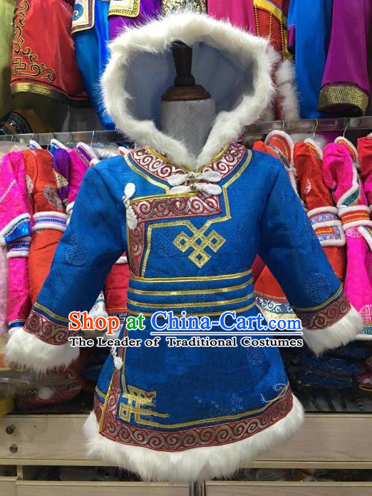 Chinese Traditional Girls Blue Mongolian Robe, China Mongolian Minority Folk Dance Ethnic Costume for Kids