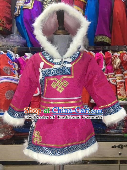 Chinese Traditional Girls Rosy Mongolian Robe, China Mongolian Minority Folk Dance Ethnic Costume for Kids