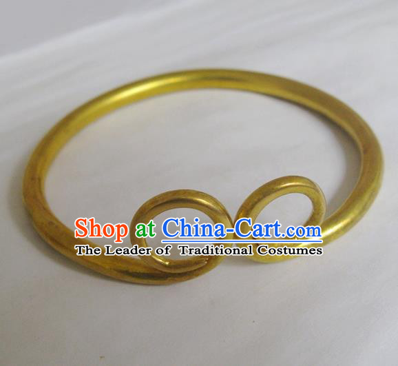 Handmade Chinese Miao Nationality Brass Bracelet Traditional Hmong Golden Hoop Bangle for Women