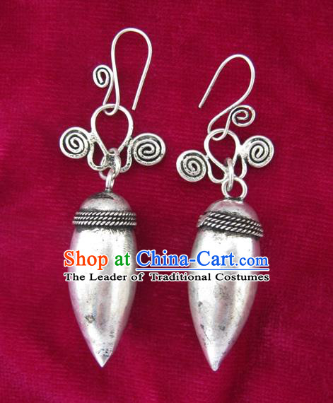 Chinese Miao Sliver Eardrop Ornaments Traditional Hmong Sliver Earrings for Women