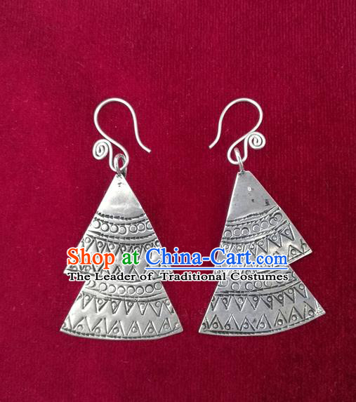Chinese Miao Sliver Traditional Carving Earrings Hmong Ornaments Minority Headwear for Women