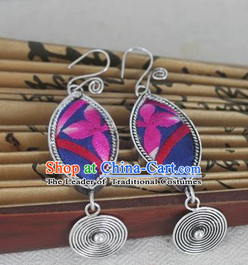 Chinese Miao Sliver Traditional Embroidered Purple Earrings Hmong Ornaments Minority Headwear for Women