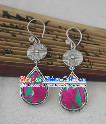 Chinese Miao Sliver Traditional Embroidered Lotus Green Earrings Hmong Ornaments Minority Headwear for Women
