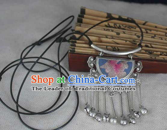Chinese Miao Sliver Traditional Embroidered Lilac Necklace Hmong Ornaments Minority Headwear for Women