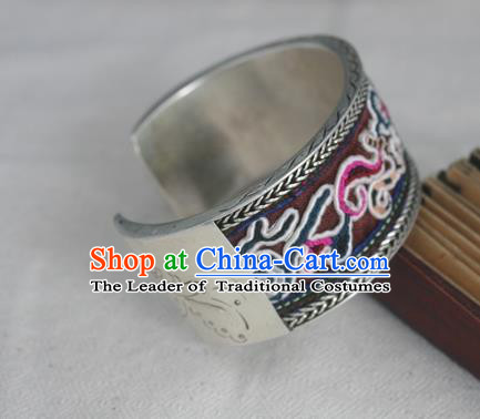 Handmade Chinese Miao Sliver Ornaments Embroidered Bracelet Traditional Hmong Sliver Bangle for Women