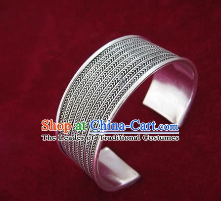 Handmade Chinese Miao Sliver Ornaments Wide Bracelet Traditional Hmong Sliver Bangle for Women