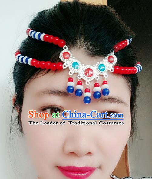 Chinese Traditional Mongol Stage Performance Red Beads Tassel Hair Accessories, Mongolian Folk Dance Hair Clasp Headwear for Women