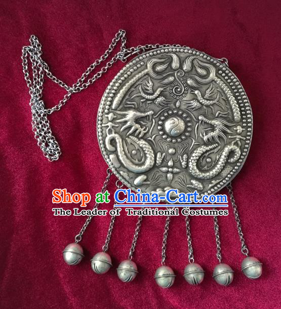 Traditional Chinese Miao Sliver Carving Dragon Necklace Hmong Ornaments Minority Headwear for Women