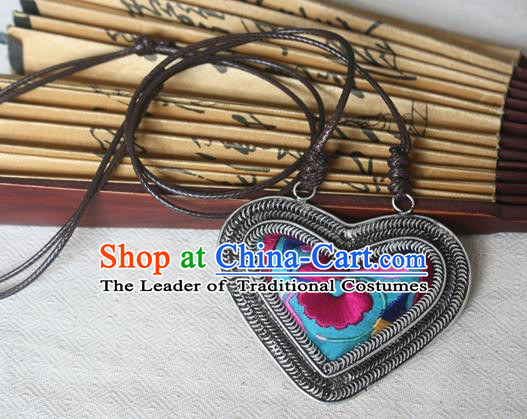 Traditional Chinese Miao Sliver Embroidered Blue Necklace Hmong Ornaments Minority Sweater Chain for Women