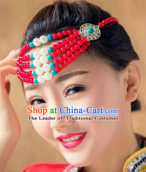 Chinese Traditional Mongol Stage Performance Hair Accessories, Mongolian Folk Dance Red Beads Headwear for Women