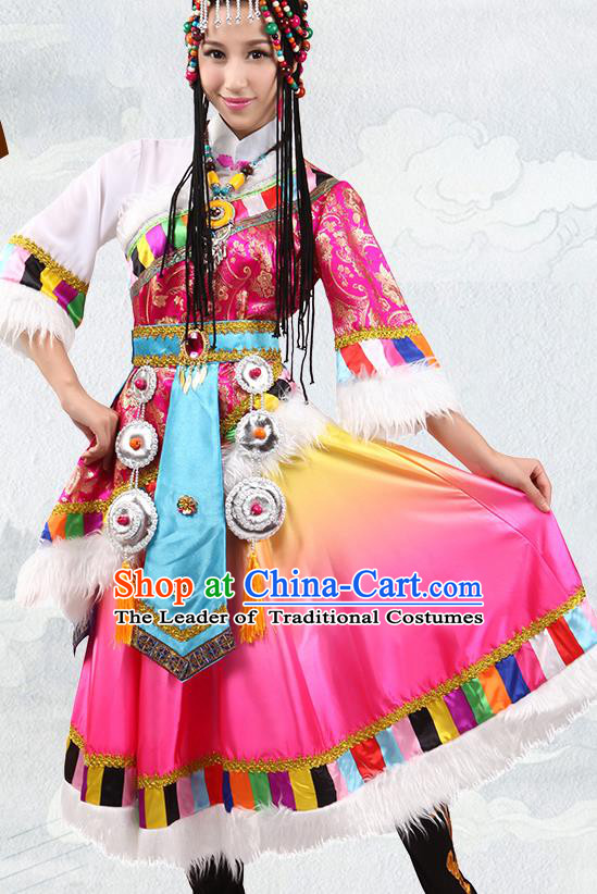 Traditional Chinese Zang Nationality Dance Rosy Costume, Tibetan Minority Folk Dance Ethnic Clothing for Women