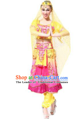 Traditional Chinese Xinjiang Uyghur Nationality Pink Dress, Uigurian Minority Folk Dance Ethnic Costume for Women
