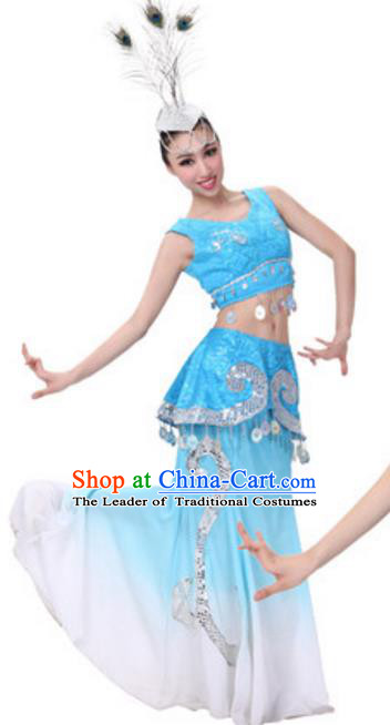 Traditional Chinese Dai Ethnic Peacock Dance Dress, Dai Minority Folk Dance Costume and Headwear for Women