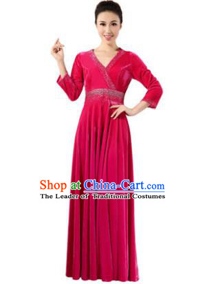Traditional Chorus Singing Group Modern Dance Costume, Compere Classical Dance Rosy Velvet Dress for Women