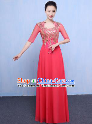 Top Grade Chorus Singing Group Modern Dance Embroidered Pink Dress, Compere Classical Dance Costume for Women