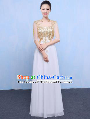 Top Grade Chorus Singing Group Modern Dance Embroidered White Dress, Compere Classical Dance Costume for Women