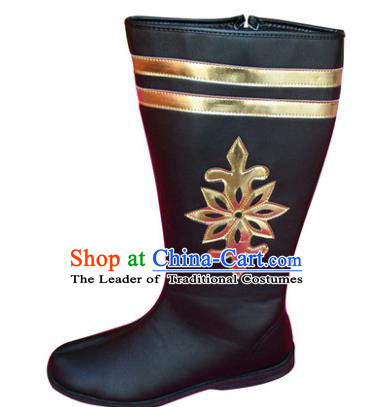 Chinese Traditional Mongols Dance Leather Shoes, Mongolian Minority Folk Dance Boots for Men