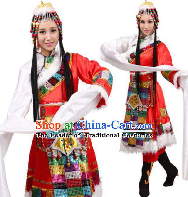 Traditional Chinese Zang Nationality Water Sleeve Dress, Tibetan Minority Folk Dance Ethnic Costume and Headwear for Women