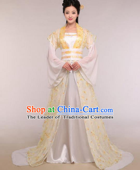 Traditional Chinese Ancient Palace Lady Costume Tang Dynasty Princess Embroidered Yellow Hanfu Dress for Women