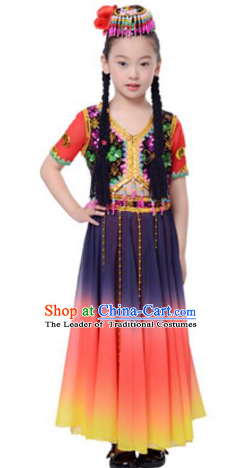 Traditional Chinese Uyghur Ethnic Dance Clothing, Uigurian Minority Folk Dance Costume and Headwear for Kids