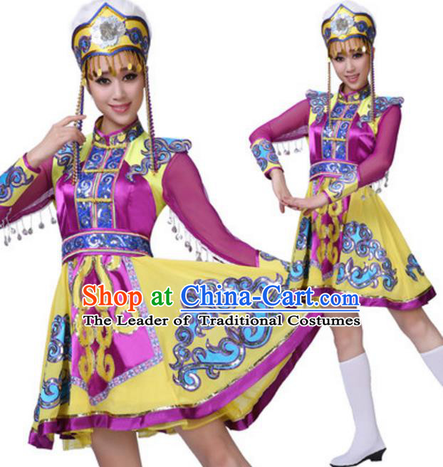 Traditional Chinese Mongols Ethnic Clothing, China Mongolian Minority Folk Dance Costume and Headwear for Women
