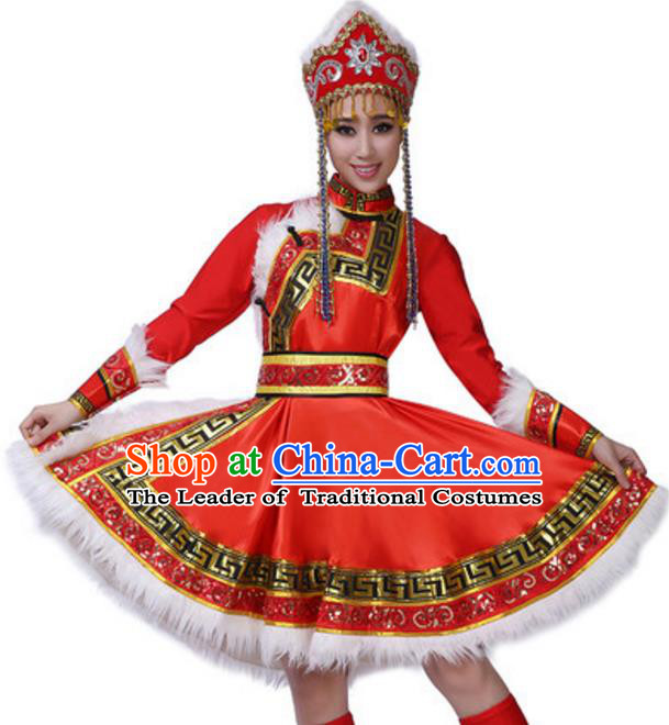 Traditional Chinese Mongol Nationality Ethnic Clothing, China Mongolian Minority Folk Dance Costume and Headwear for Women