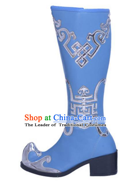 Chinese Traditional Zang Nationality Dance Shoes, Tibetan Minority Folk Dance Blue Boots for Women