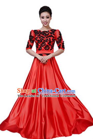 Top Grade Chorus Group Red Long Full Dress, Compere Stage Performance Choir Costume for Women