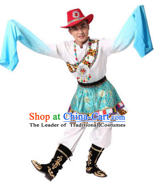 Traditional Chinese Zang Nationality Costume, Chinese Tibetan Ethnic Dance Clothing and Hat for Men