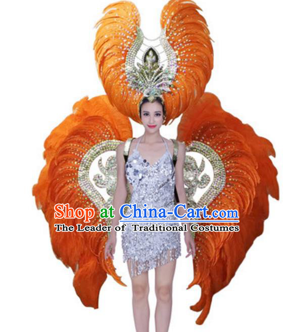 Top Grade Modern Samba Dance Props Stage Show Brazil Parade Giant Orange Feather Wings and Headpiece for Women