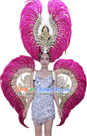 Top Grade Modern Samba Dance Props Stage Show Brazil Parade Giant Rosy Feather Wings and Headpiece for Women
