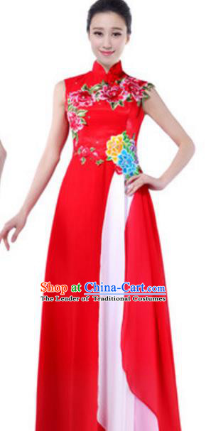 Top Grade Chinese Chorus Group Red Full Dress, Compere Stage Performance Choir Costume for Women