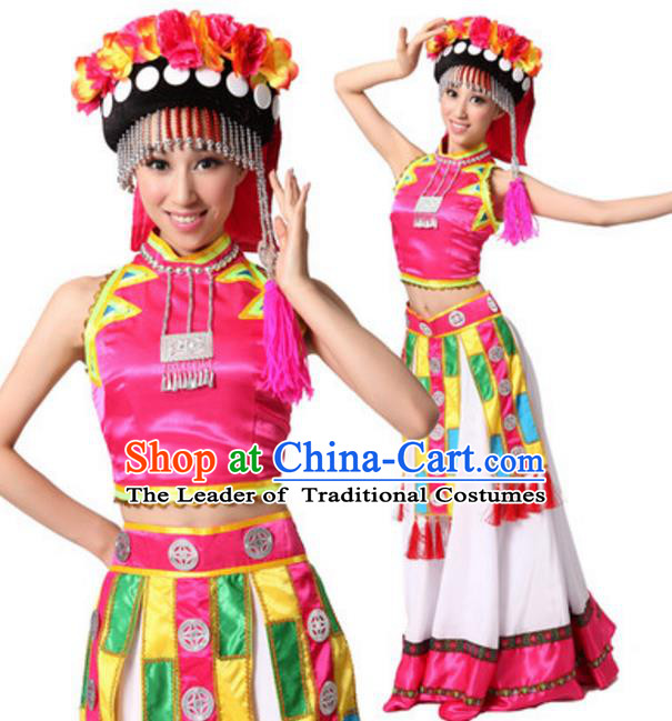 Traditional Chinese Yi Nationality Dance Dress, Chinese Female Yi Ethnic Dance Costume and Headwear for Women