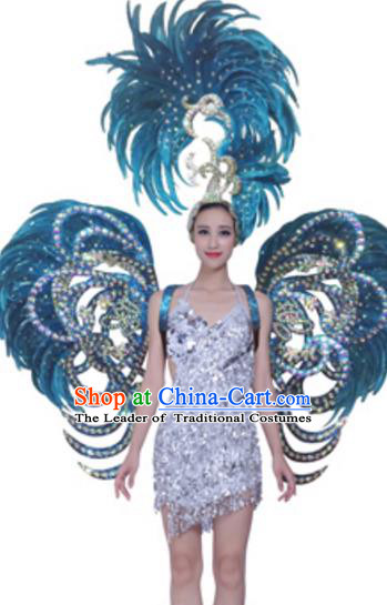 Top Grade Samba Dance Props Stage Show Brazil Parade Giant Blue Feather Butterfly Wings and Headpiece for Women