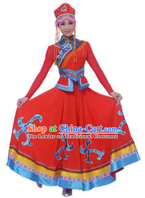 Traditional Chinese Minority Nationality Red Mongolian Robe, China Mongols Ethnic Dance Costume and Hat for Women